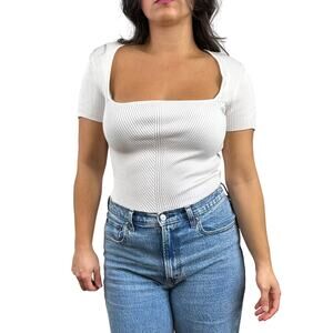 Abercrombie & Fitch White Ribbed Knit Short Sleeve Bodysuit